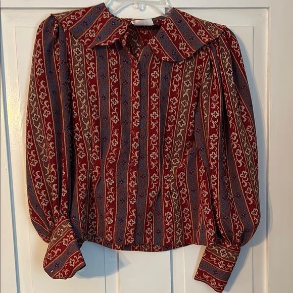 Vintage Boho Peasant Women's Top Red & Gray Pleated Shoulders Balloon Sleeves S - Picture 1 of 14